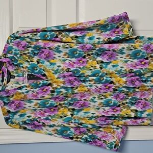 Investments 3/4 Sleeve Button Front V-neck Top: Purple/Teal/Yellow Floral